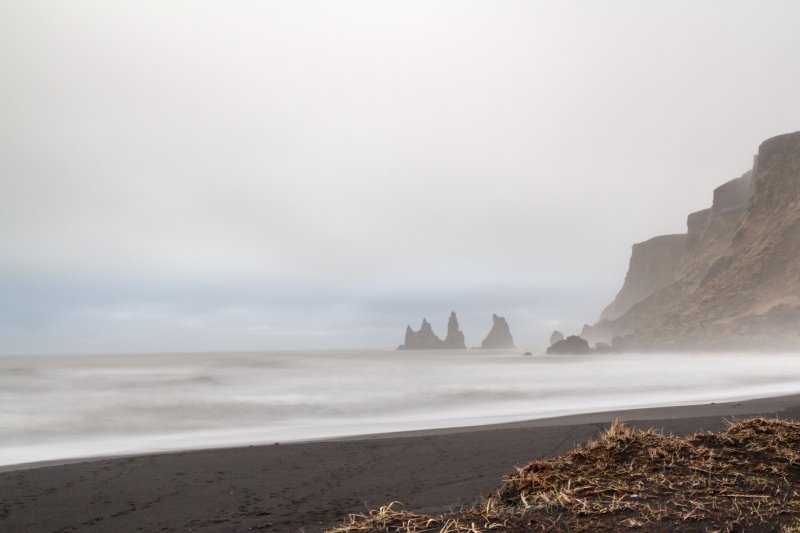 View of the Reynisdrangar basalt stacks from near Vik: moody and wonderful