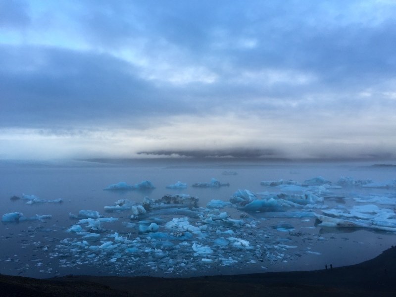 View of Jökulsárlón Lagoon, full of icebergs from the Breiðamerkurjökull glacier, fog, mood and (somewhere) Anna, Wayne and Kerrie