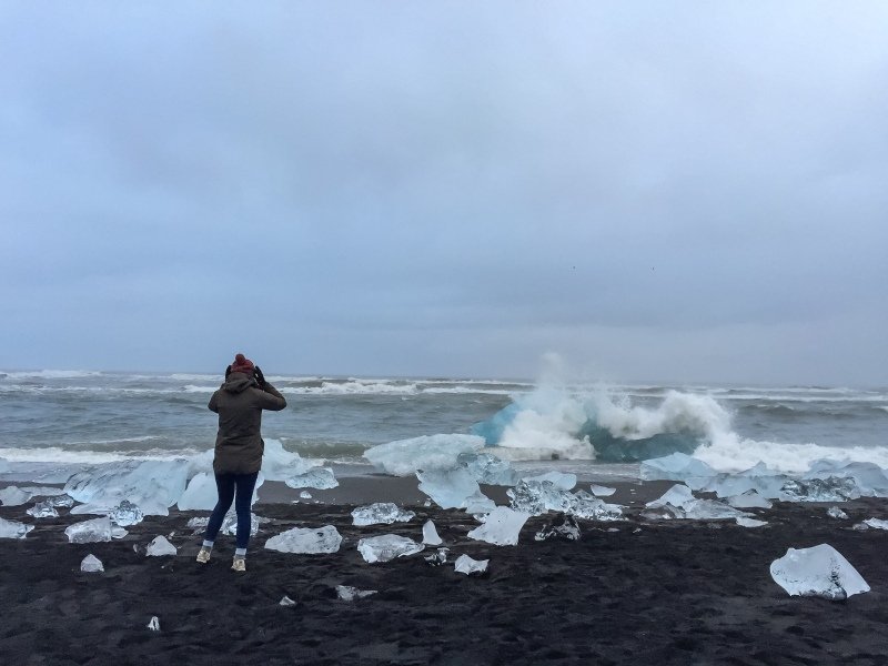 Some of the icebergs are washed up on the black sandy beach, beautiful and mystical. Today it was rainy and freezing too.