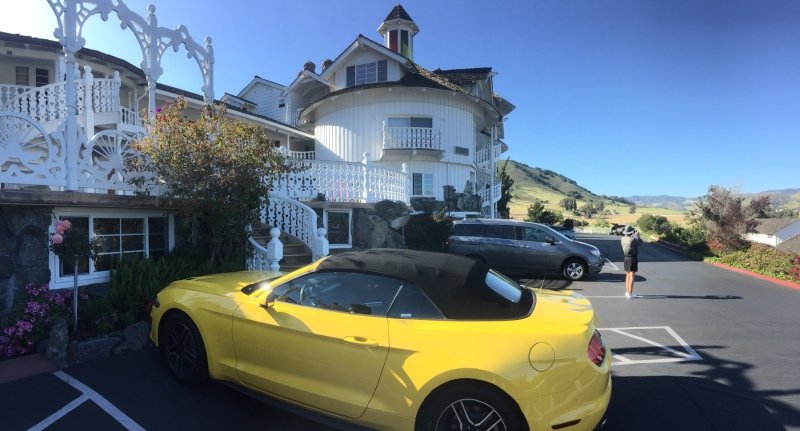 Our yellow car arriving at the Madonna Inn