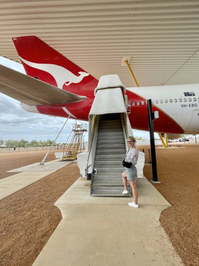 Anna boarding a Qantas 747